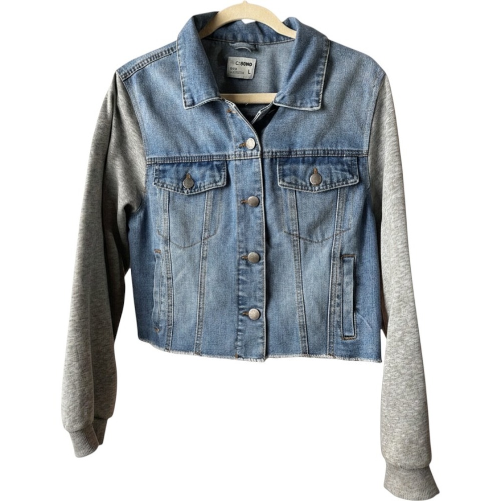 Cisono Denim Jacket Mixed Media Sweatshirt Sleeve Large Blue Raw Hem Cropped